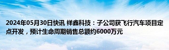 2024年05月30日快讯 祥鑫科技：子公司获飞行汽车项目定点开发，预计生命周期销售总额约6000万元