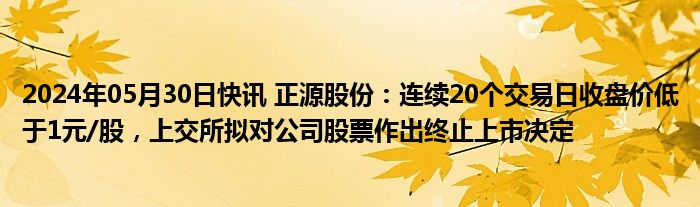 2024年05月30日快讯 正源股份：连续20个交易日收盘价低于1元/股，上交所拟对公司股票作出终止上市决定