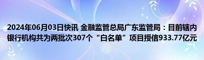 2024年06月03日快讯 金融监管总局广东监管局：目前辖内银行机构共为两批次307个“白名单”项目授信933.77亿元