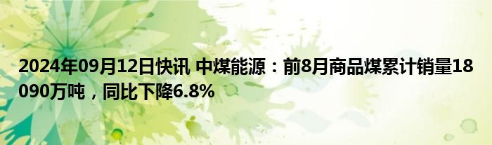 2024年09月12日快讯 中煤能源：前8月商品煤累计销量18090万吨，同比下降6.8%