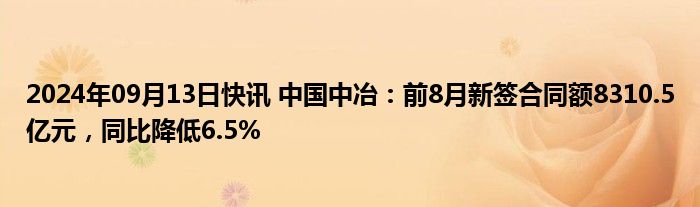 2024年09月13日快讯 中国中冶：前8月新签合同额8310.5亿元，同比降低6.5%