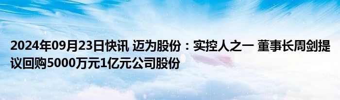 2024年09月23日快讯 迈为股份：实控人之一 董事长周剑提议回购5000万元1亿元公司股份