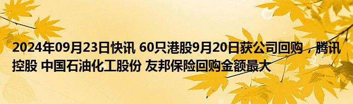 2024年09月23日快讯 60只港股9月20日获公司回购，腾讯控股 中国石油化工股份 友邦保险回购金额最大