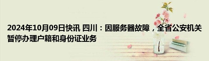 2024年10月09日快讯 四川：因服务器故障，全省公安机关暂停办理户籍和身份证业务