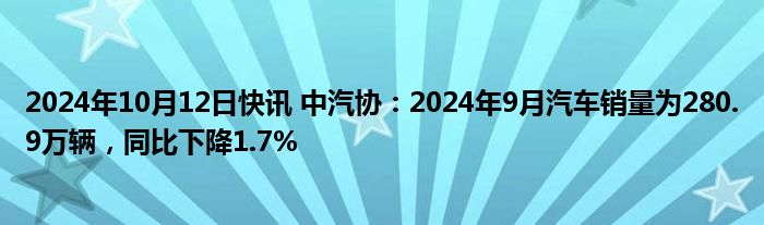 2024年10月12日快讯 中汽协：2024年9月汽车销量为280.9万辆，同比下降1.7%