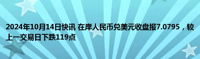 2024年10月14日快讯 在岸人民币兑美元收盘报7.0795，较上一交易日下跌119点