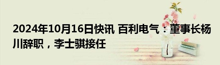 2024年10月16日快讯 百利电气：董事长杨川辞职，李士骐接任