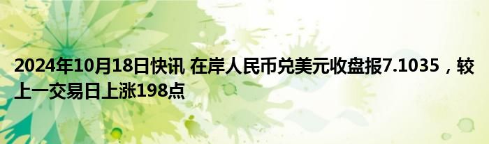 2024年10月18日快讯 在岸人民币兑美元收盘报7.1035，较上一交易日上涨198点