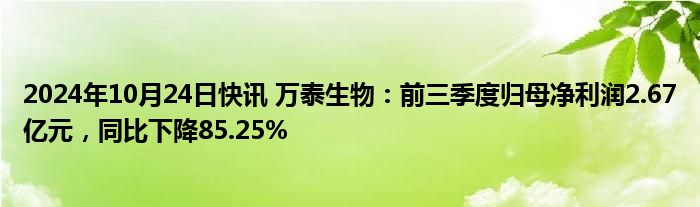 2024年10月24日快讯 万泰生物：前三季度归母净利润2.67亿元，同比下降85.25%