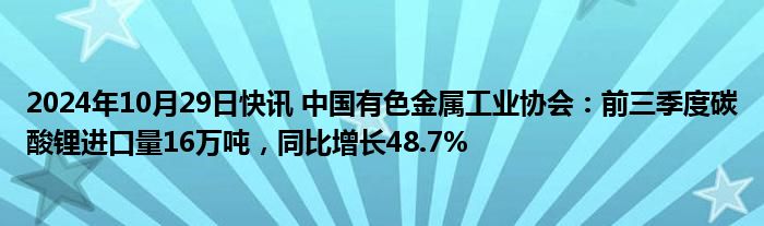 2024年10月29日快讯 中国有色金属工业协会：前三季度碳酸锂进口量16万吨，同比增长48.7%