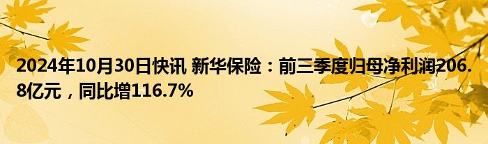 2024年10月30日快讯 新华保险：前三季度归母净利润206.8亿元，同比增116.7%